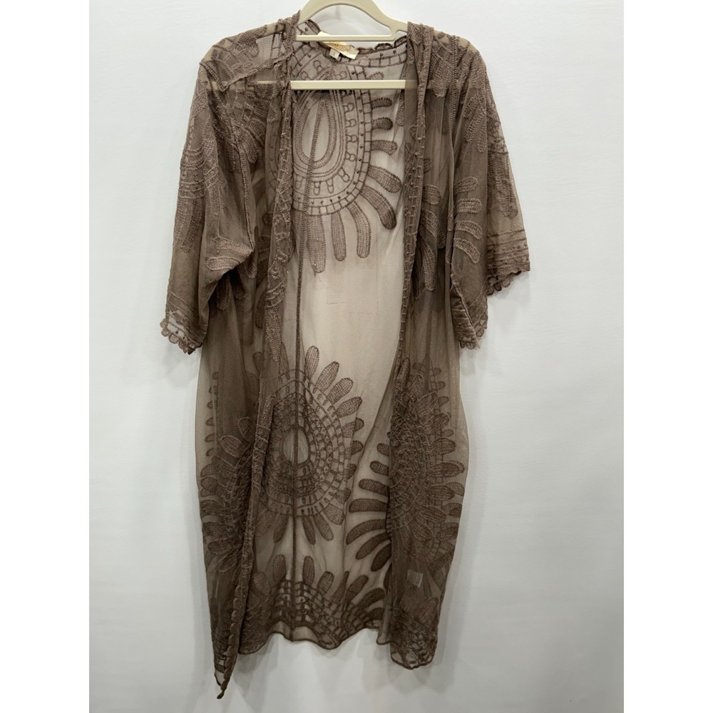 Rebellion‎ Again Duster Cover Up Womens L Beige Floral Open Front Boho Festival